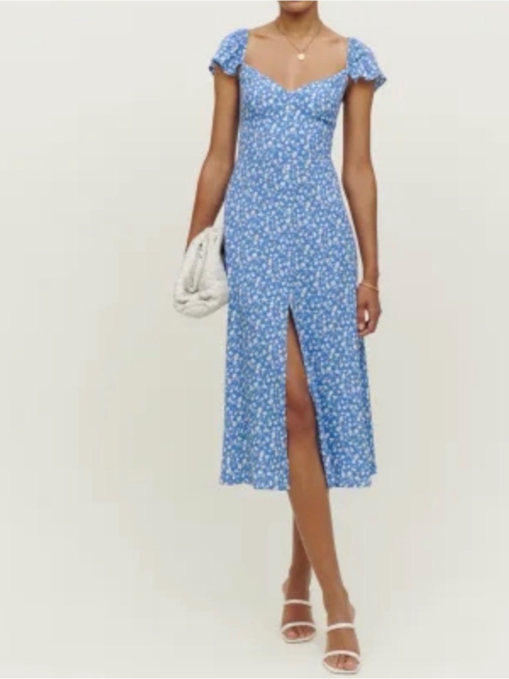 Reformation Blue Floral Sweetheart Midi Dress with Front Slit